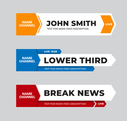 Vector news line, lower third as arrows with orange, blue, red elements on white background.