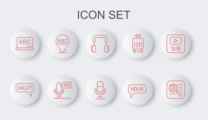 Set line Translator, Salut in different languages, Headphones, Hola, Chalkboard, Alphabet, Microphone voice device and icon. Vector © vector_v