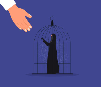 Woman wearing burqa. Muslim woman in a cage. Help hand. Vector