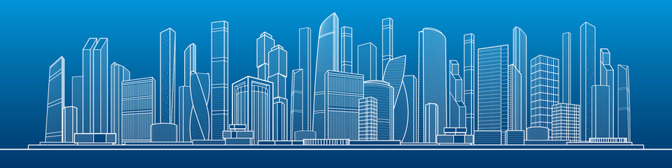 Fototapeta premium Modern town. Urban city complex. Business center. Citycape pamorama. Infrastructure outlines illustration. White outlines on blue background. Vector design art