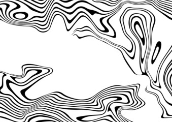 Black and white abstract striped background.Optical illusion of wrapped shapes.Smooth and wavy lines.Vector illustration.