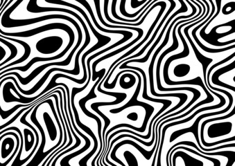 Black and white abstract striped background.Optical illusion of wrapped shapes.Smooth and wavy lines.Vector illustration.