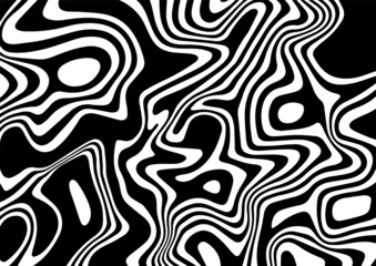 Black and white abstract striped background.Optical illusion of wrapped shapes.Smooth and wavy lines.Vector illustration.