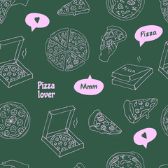 Pizza delivery. Seamless pattern. Green and pink. Vector