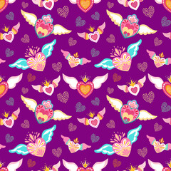 Decorative pattern hearts with wings for valentines day bright love decor for cards posters invitations wedding holiday party. Vector illustration