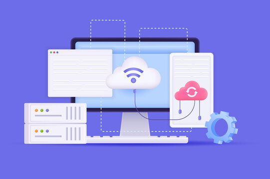 Cloud computing and storage concept 3D illustration. Icon composition with computer screen, files upload and processing, settings servers and data center. Vector illustration for modern web design