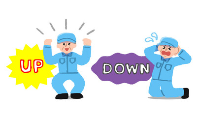 	UPして喜ぶDOWNして困るシニア男性作業員イラストセット