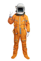 Astronaut wearing an orange spacesuit and helmet showing hand victory sign gesture isolated on white background. Unrecognizable cosmonaut with a hand victory sign