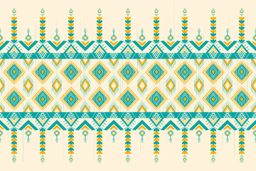Yellow and Green Teal on Ivory. Geometric ethnic oriental pattern traditional Design for background,carpet,wallpaper,clothing,wrapping,Batik,fabric, illustration embroidery style - 483922942