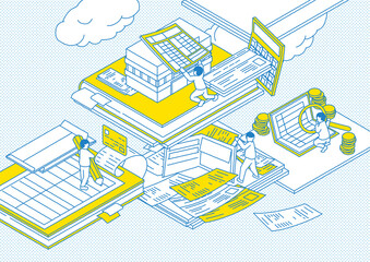 確定申告をする人のアイソメトリック図　青黄色ver