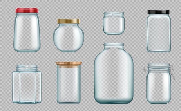 Transparent jars. Glass containers for kitchen food topping jam preserved reflection jars decent vector realistic illustrations set