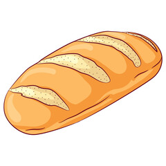 Vector cartoon illustration of wheat long loaf isolated on white. Fresh pastry, baked baguette. Baked goods food Icon. Design for cookbook, restaurant business.
