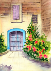 Watercolor illustration of the facade of an old brick house with a window with pink shutters, a large antique wooden door under a turquoise arch and a flowering climbing plant