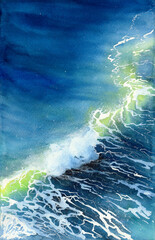 Watercolor illustration of navy and turquoise blue ocean waves with white seafoam 