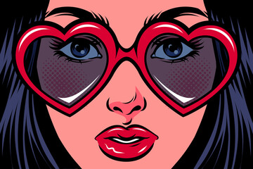 Young woman with heart-shaped glasses. Pop art comic vector illustration.