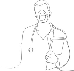 Continuous drawing of one line of doctor in specialized protective overalls and goggles. Fighting the epidemic, the consequences of the coronavirus for your minimal design. Vector illustration
