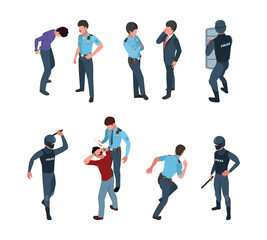 Obraz premium Policeman isometric. Urban force military emergency service persons arrested lifeguards action officers shooting immobilization persons garish vector characters collection