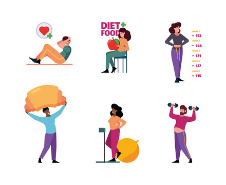 Weight loss. Concept scenes with characters fat woman eating healthy food and making sport exercises running jumping garish vector colored pictures