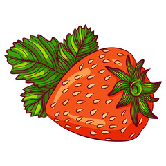 Vector cartoon illustration of whole strawberry with leaves isolated on white. Healthy farm fruit, organic product, summer food. Food Icon. Design for cookbook, restaurant business.