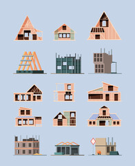 Building construction stages. Modern exterior wooden and brick roofing commercial buildings and village cottages towers garish vector pictures