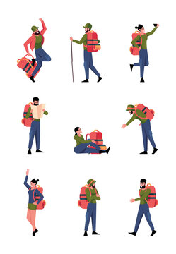 Characters with backpack. Hiking adventures climbing persons happy travellers garish vector flat illustrations set