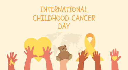 International Childhood Cancer Day. Kids hands raised up. Yellow ribbon. Vector - obrazy, fototapety, plakaty