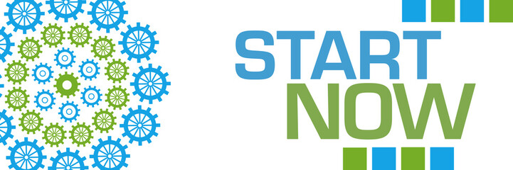 Start Now Green Blue Circular Gears Horizontal 