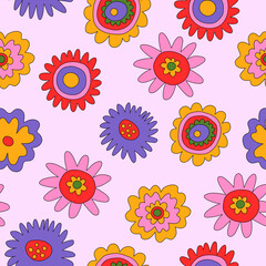 Fototapeta premium vintage vector seamless pattern in hippie style.70s and 60s funky and groovy postcards.Psychedelic pattern with flowers shapes.Vibrant ornament for wallpaper and back.Low contrast.Retro poster