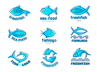 Fish logo. Stylized underwater animals icons identity for restaurant menu waves seafood pictures recent vector concept templates
