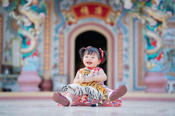 Asia Chinese baby girl in chinese tradition cloth carry tiger doll, sit and smile  in temple use as concept of Chinese New Year, year of tiger. Asian  baby girl sit, stand, play and relax at outdoor.