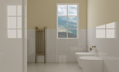 Spacious bathroom in gray tones with heated floors, freestanding tub. 3D rendering.