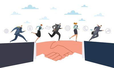 Business connections. Profitable cooperation. People running to goal together, handshake. Colleagues or working team partnership and collaboration vector cartoon flat style isolated concept