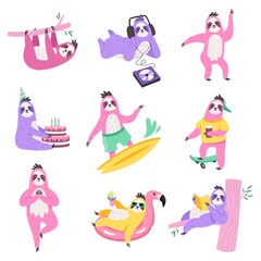 Cute sloths characters. Funny lazy animals do different things, wildlife fauna, branch hanging, yoga class, music listening, surfing and dancing on birthday vector cartoon flat isolated set