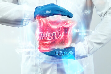 Medical poster, human skull anatomy, jaw x-ray, teeth snapshot. The doctor looks at the x-ray...