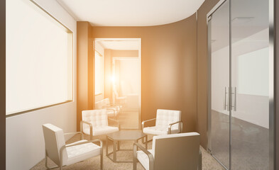 Open space office interior with like conference room. Mockup. 3D rendering.. Sunset.