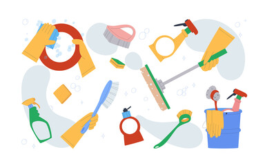 Banner with detergents in a bucket. Gloved hands, bottles, spray, sponge, brush, gloves. Various items for cleaning and housework. Isolated. Flat vector illustration.