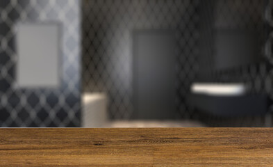 Bathroom interior bathtub. 3D rendering.. Blank paintings.  Mock. Background with empty table. Flooring.