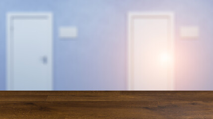 The Corridor in office building. 3D rendering. Sunset.. Background with empty table. Flooring.