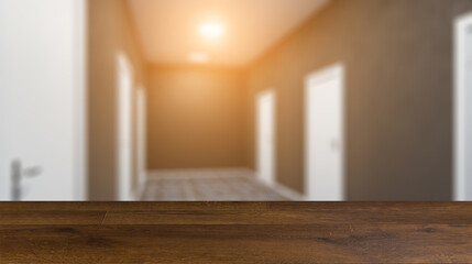 Fototapeta na wymiar The Corridor in office building. 3D rendering. Sunset.. Background with empty table. Flooring.