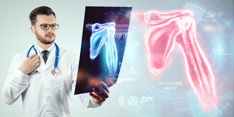 Medical poster, human body anatomy, shoulder joint x-ray, bones hologram. The doctor looks at the...