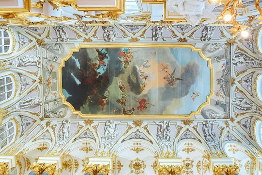 St. Petersburg, Russia - May 27, 2021: Hermitage Museum, ceiling painting. A historical work