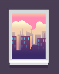 Home window with big city outside. Cloud sky landscape