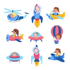 Kids in air transport. Happy children fly in airplanes, rockets and helicopters, boys and girl little pilots, young travelers, bright nursery decor, vector cartoon flat isolated set