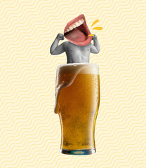 Contemporary art collage, modern design. Beer festival. Human body with open mouth instead head stick out frothy beer glass isolated on light background