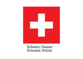 Obraz premium Coat of arms of Switzerland with text Switzerland in oll four languages of the country. Illustration made January 31st, 2022, Zurich, Switzerland.
