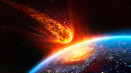 Meteor Impact On Earth - Fired Asteroid In Collision With Planet - Contain 3d Rendering - elements of this image furnished by NASA - obrazy, fototapety, plakaty