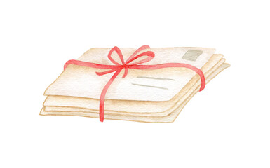 Watercolor pile of envelopes illustration. Hand painted craft paper letters tied with rope and bow isolated on white background. Vintage postal clipart. Old love mail, romantic design element.