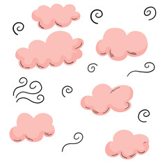 Pink doodle clouds set with black outline swirl.