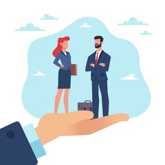 Providing the best specialists. Business cooperation. Businessman and woman standing on huge hand. Colleagues, working team or employee. Recruitment agency. Vector isolated concept