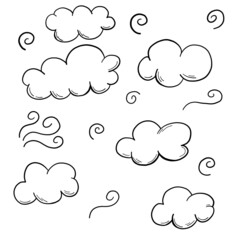 Black outline doodle clouds set with swirls.
